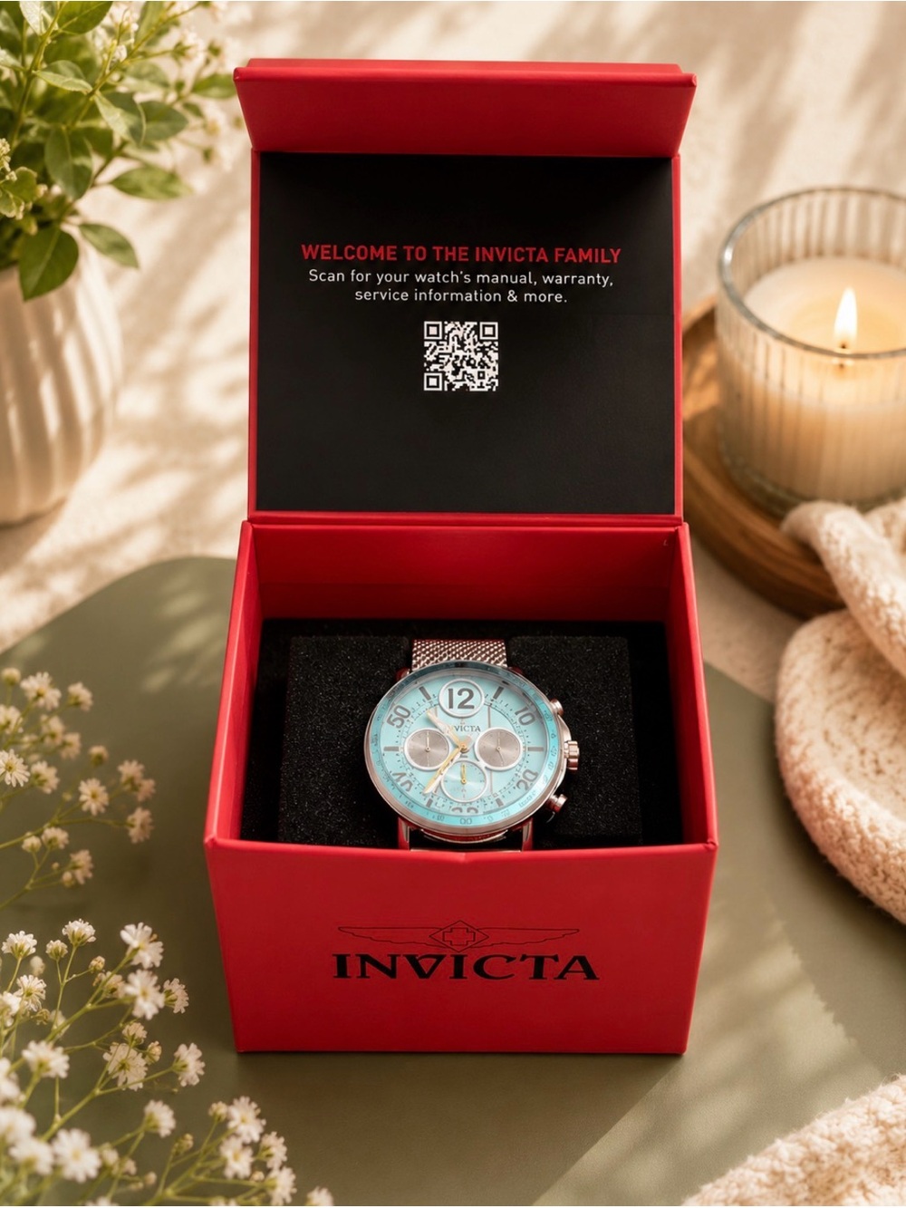 Invicta Turquoise Dial Chronograph Watch with Rose Gold Mesh Band